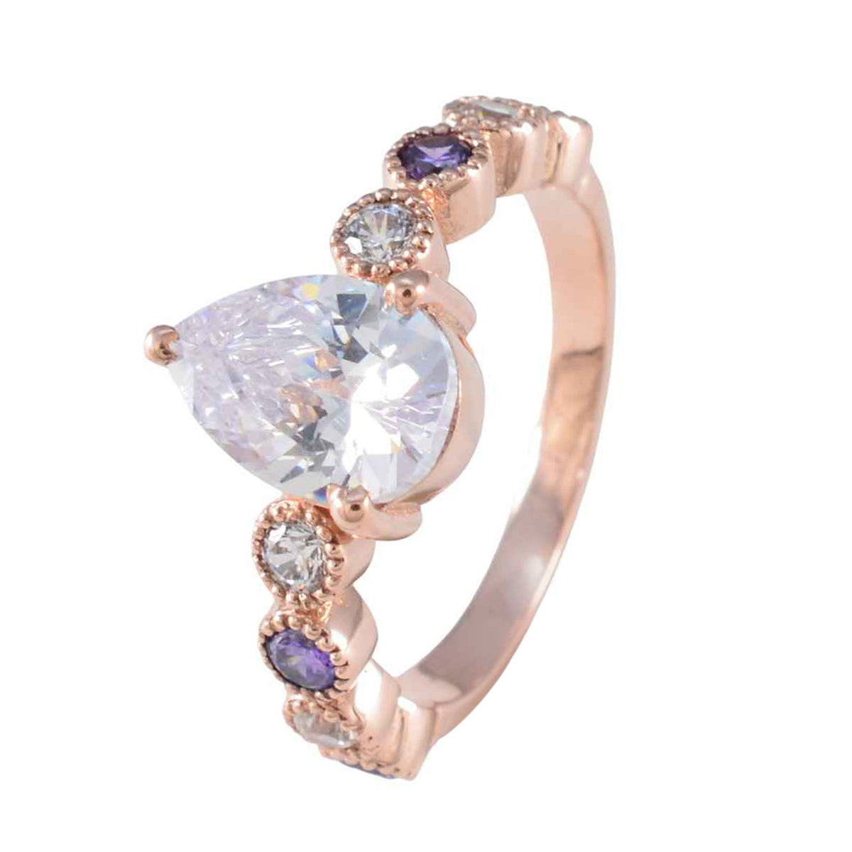 Riyo In Quantity Silver Ring With Rose Gold Plating Amethyst Stone Pear Shape Prong Setting Fashion Jewelry Easter Ring