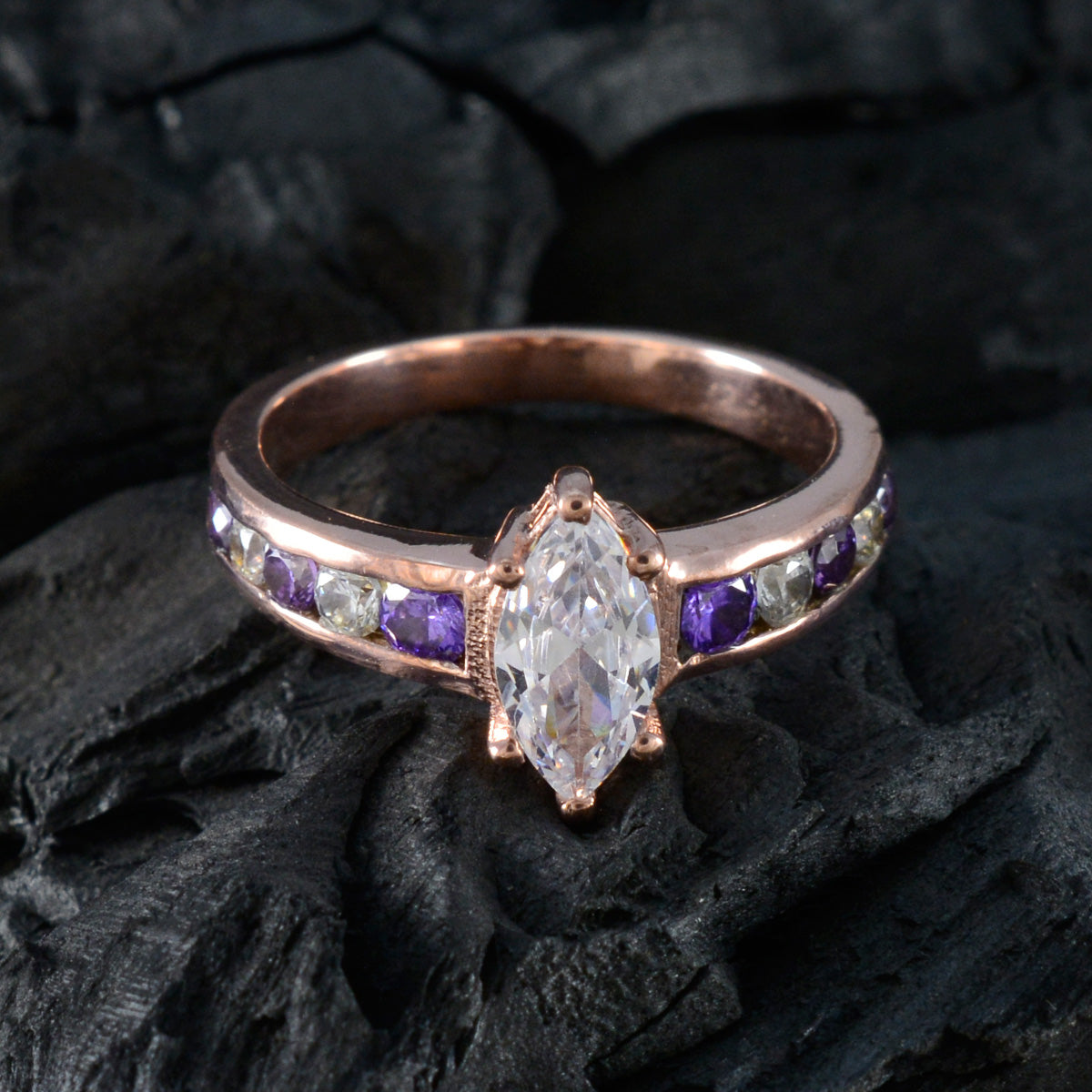 Riyo India Silver Ring With Rose Gold Plating Amethyst Stone Marquise Shape Prong Setting Designer Jewelry Engagement Ring