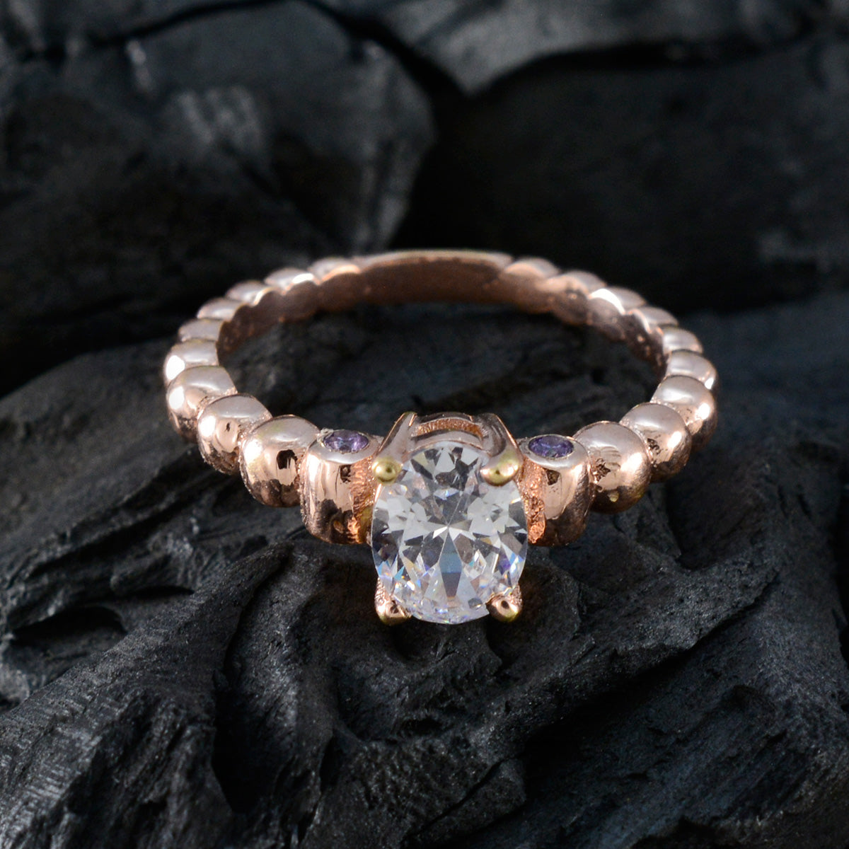 Индийское серебряное кольцо Riyo с покрытием из розового золота, камень с аметистом, восьмиугольная форма, зубец, ювелирное кольцо, кольцо на день отца