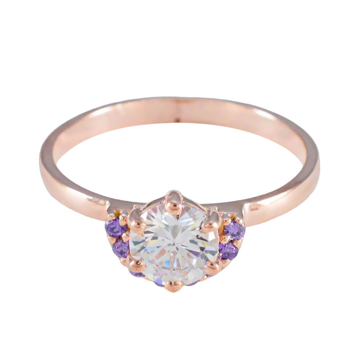 Riyo Jaipur Silver Ring With Rose Gold Plating Amethyst Stone Round Shape Prong Setting Antique Jewelry Graduation Ring