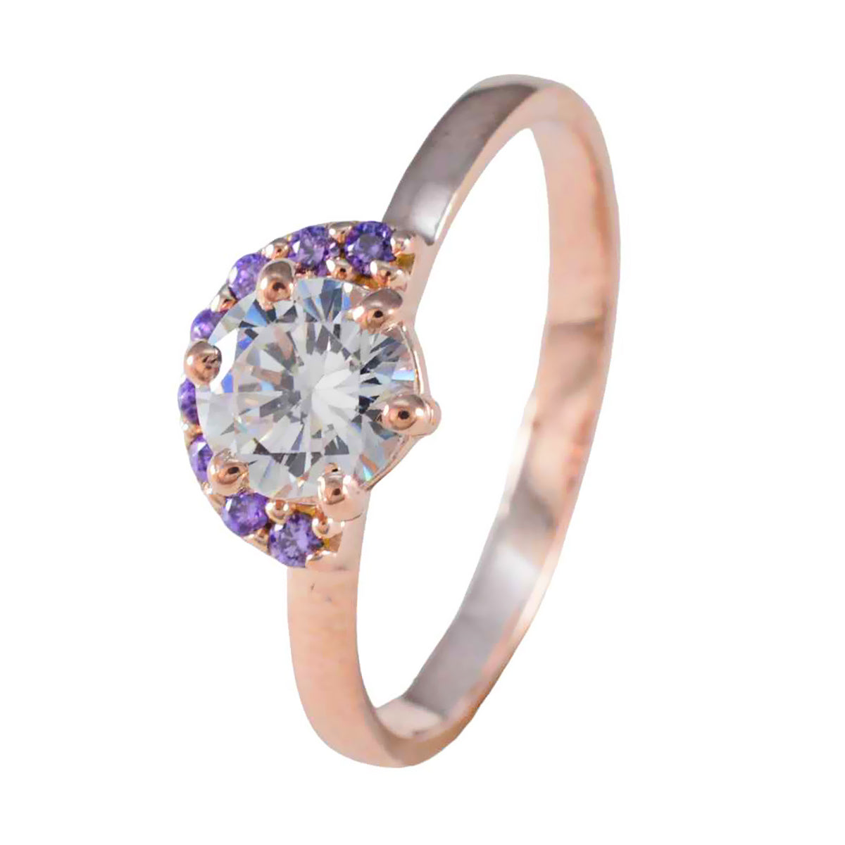 Riyo Jaipur Silver Ring With Rose Gold Plating Amethyst Stone Round Shape Prong Setting Antique Jewelry Graduation Ring