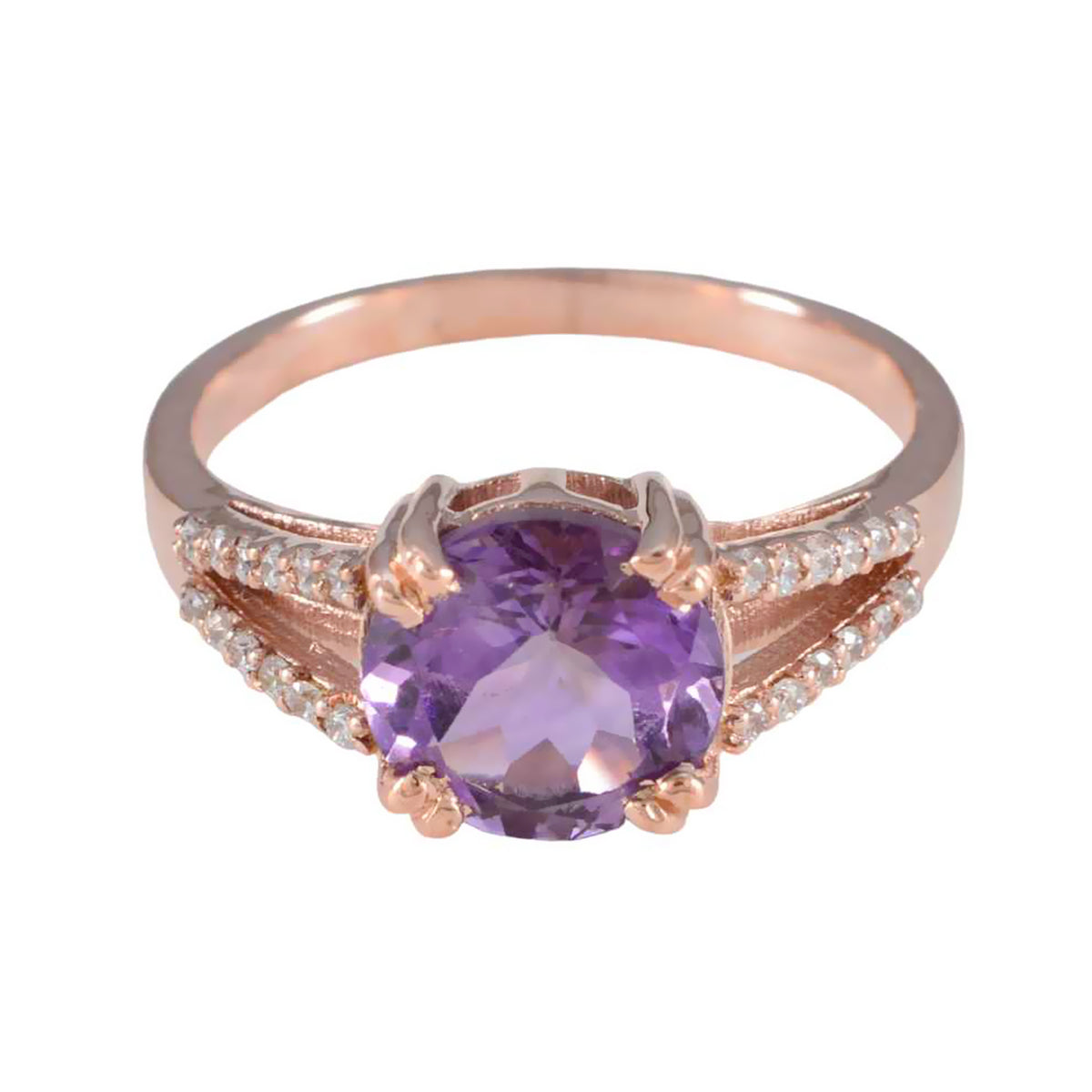 Riyo joyería anillo de plata con chapado en oro rosa piedra amatista forma redonda ajuste de punta joyería nupcial anillo de halloween
