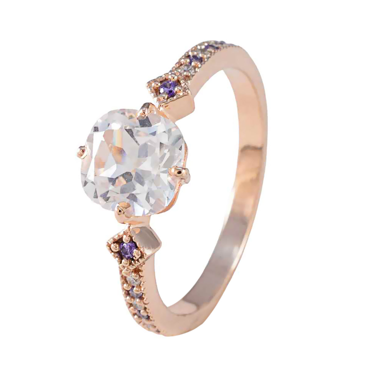 riyo adorabile anello in argento con placcatura in oro rosa, pietra di ametista, forma a cuscino, montatura a punta, gioielli personalizzati, anello di Capodanno