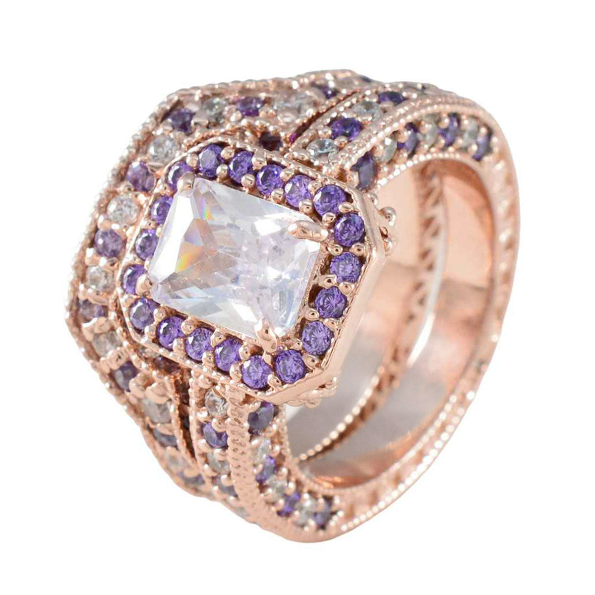 Riyo Manufacturer Silver Ring With Rose Gold Plating Amethyst Stone Octagon Shape Prong Setting Stylish Jewelry Thanksgiving Ring
