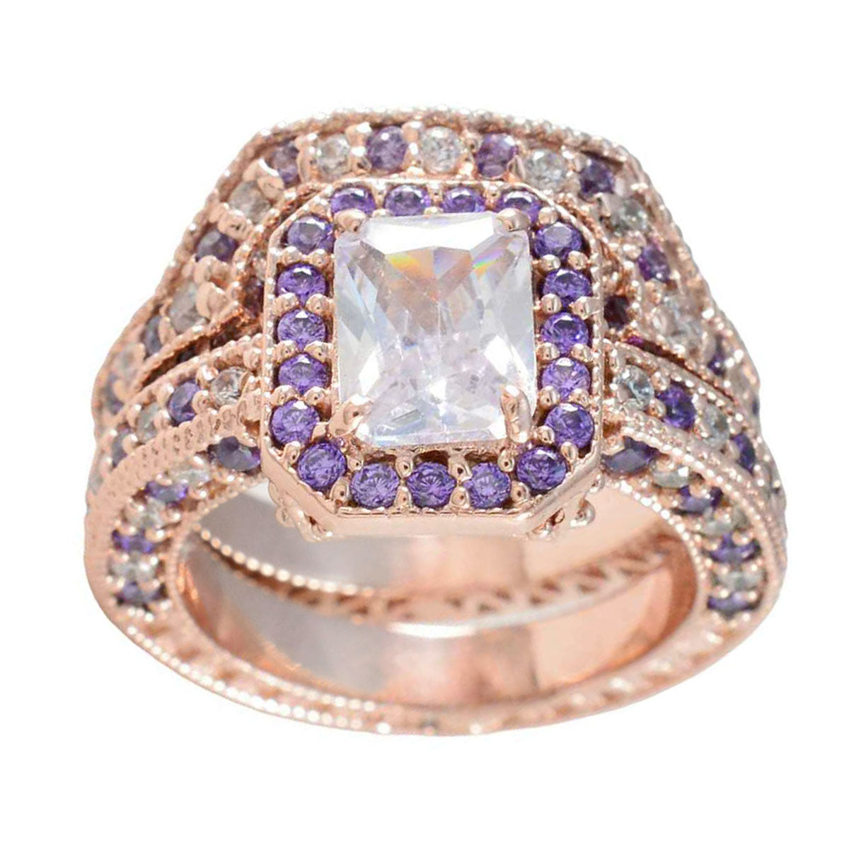 Серебряное кольцо от производителя riyo с покрытием из розового золота, камень с аметистом, восьмиугольная форма, закрепка зубца, стильное ювелирное кольцо, кольцо на День благодарения