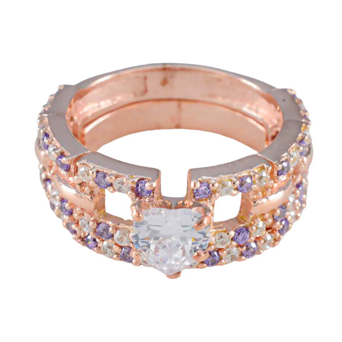 anello riyo in argento con placcatura in oro rosa con pietra di ametista a forma di cuore con montatura a punta, fede nuziale di gioielli firmati