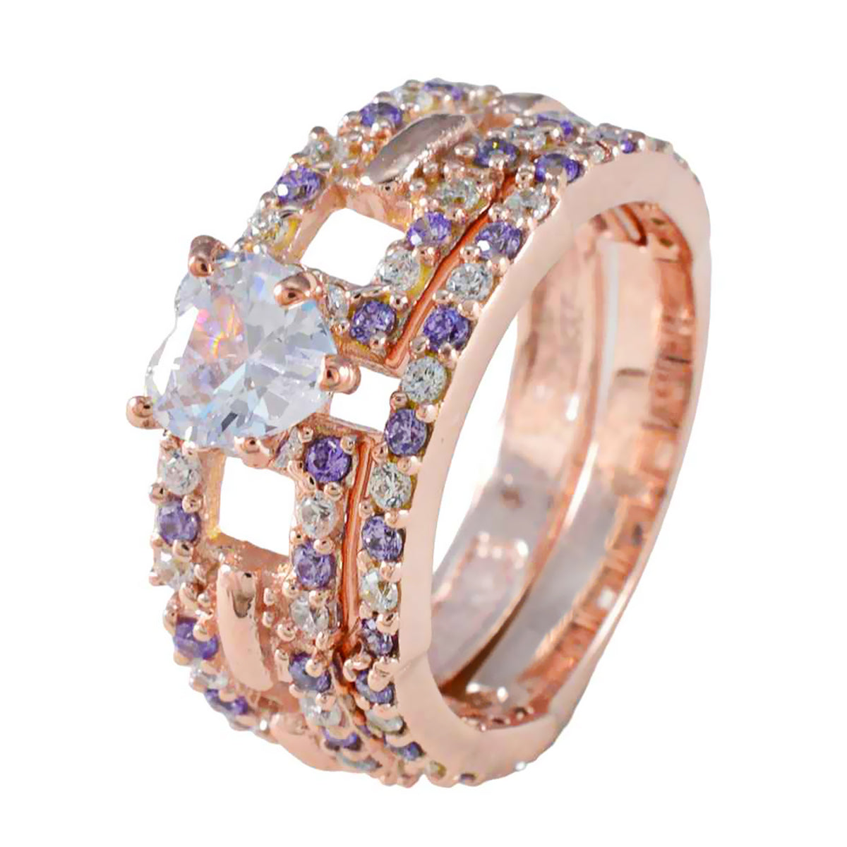 Anillo de plata general riyo con chapado en oro rosa, piedra amatista, ajuste de punta en forma de corazón, joyería de diseñador, anillo de boda