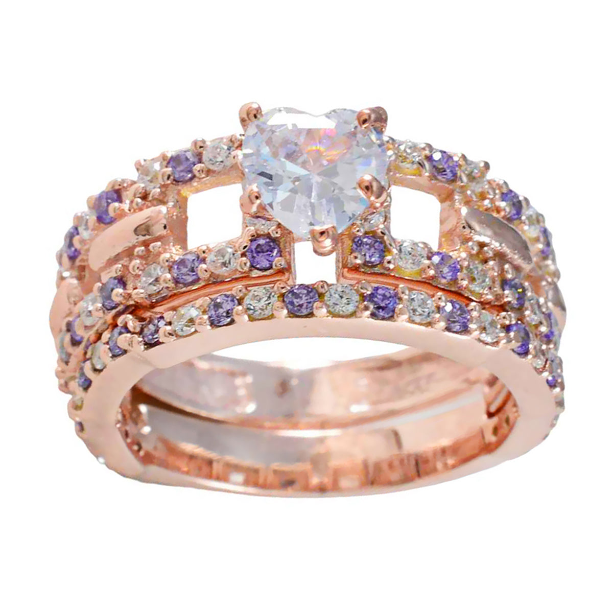 Riyo Overall Silver Ring With Rose Gold Plating Amethyst Stone Heart Shape Prong Setting Designer Jewelry Wedding Ring