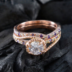 Anillo de plata perfecto riyo con chapado en oro rosa, piedra amatista, forma redonda, ajuste de punta, joyería, anillo de aniversario