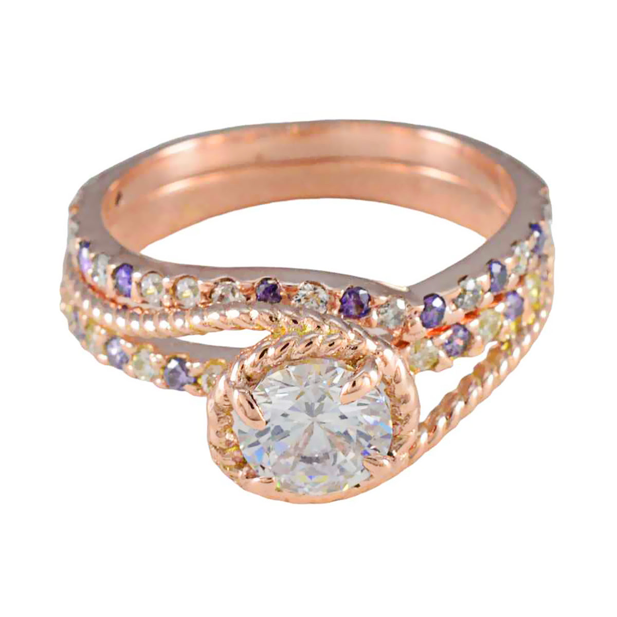 anello riyo perfetto in argento con placcatura in oro rosa con pietra di ametista a forma rotonda con montatura a punta, anello per anniversario di gioielli