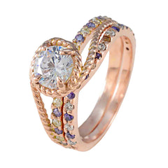 Anillo de plata perfecto riyo con chapado en oro rosa, piedra amatista, forma redonda, ajuste de punta, joyería, anillo de aniversario