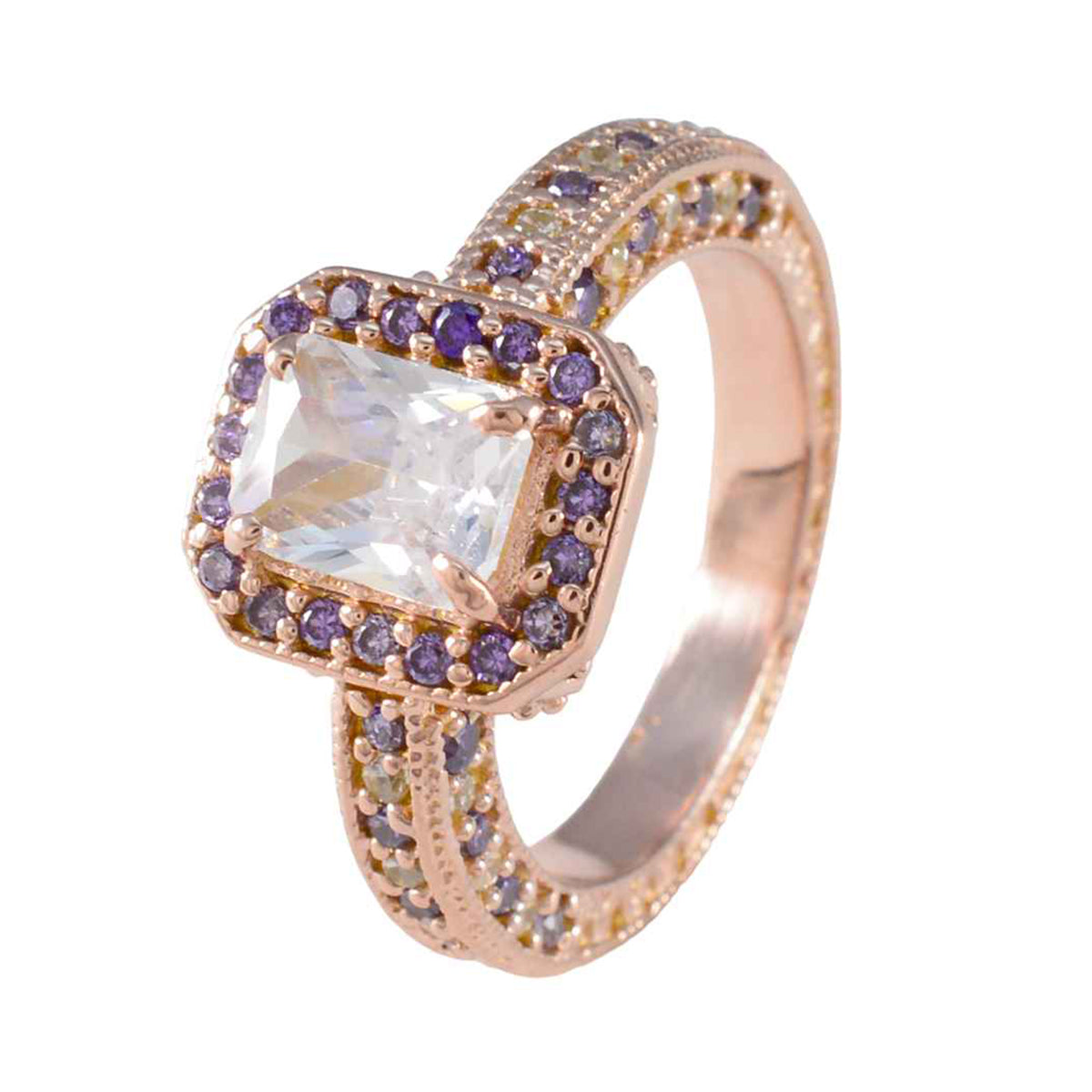 Riyo In Bulk Silver Ring With Rose Gold Plating Amethyst Stone Octagon Shape Prong Setting Stylish Jewelry Cocktail Ring