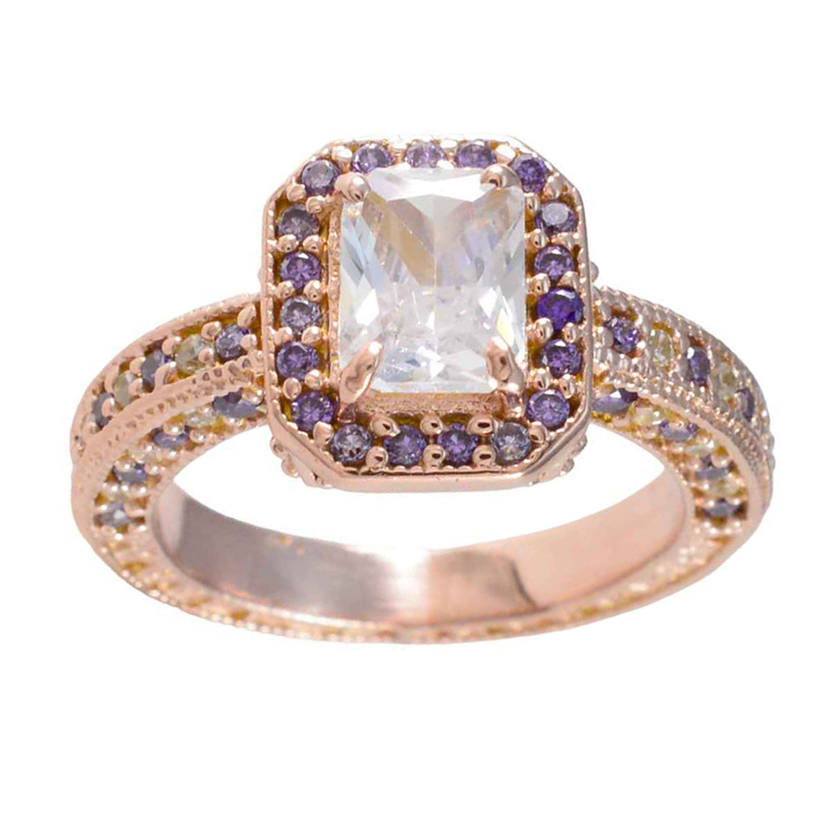 Riyo a granel anillo de plata con chapado en oro rosa piedra amatista forma octágono ajuste de punta joyería elegante anillo de cóctel