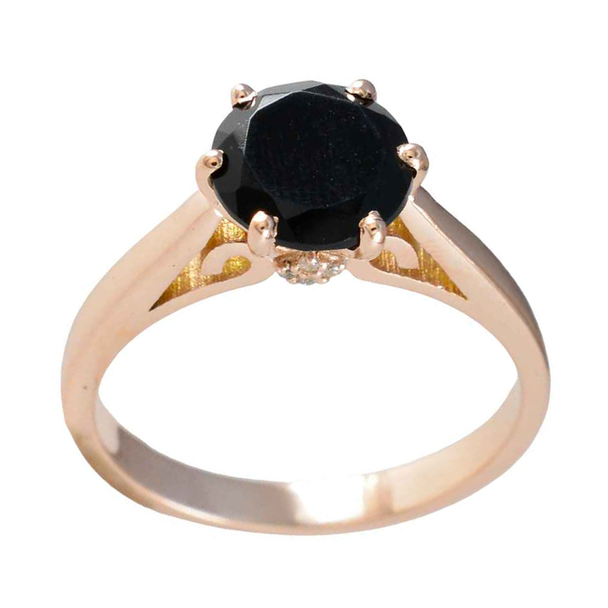 Riyo Quantitativer Silberring mit Rosévergoldung, schwarzem Onyx-Stein, runde Form, Krappenfassung, Brautschmuck, Black-Friday-Ring