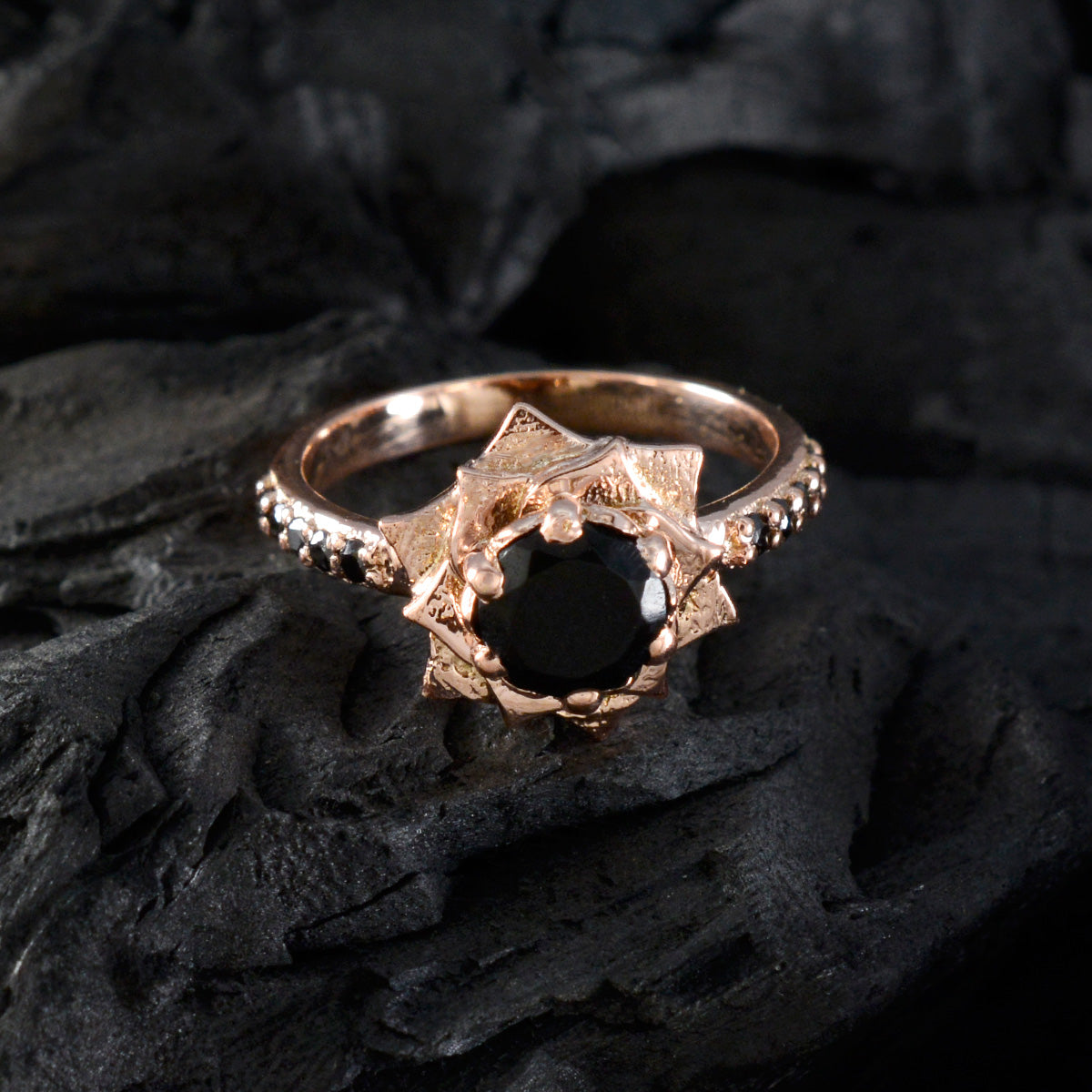 riyo raro anello in argento con placcatura in oro rosa pietra di onice nera a forma rotonda con montatura a punta gioielli fatti a mano anello di natale