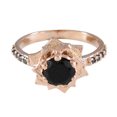 Riyo Zeldzame zilveren ring met roségouden zwarte onyxsteen ronde vorm Prong Setting handgemaakte sieraden Kerstring