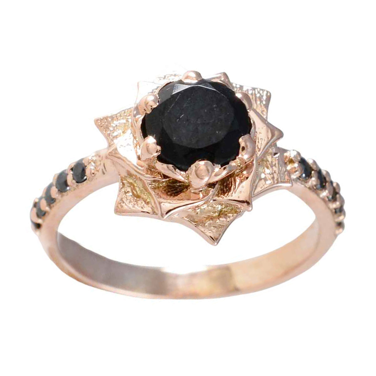 riyo sällsynt silverring med roséguldplätering svart onyxsten rund form stiftinställning handgjorda smycken julring