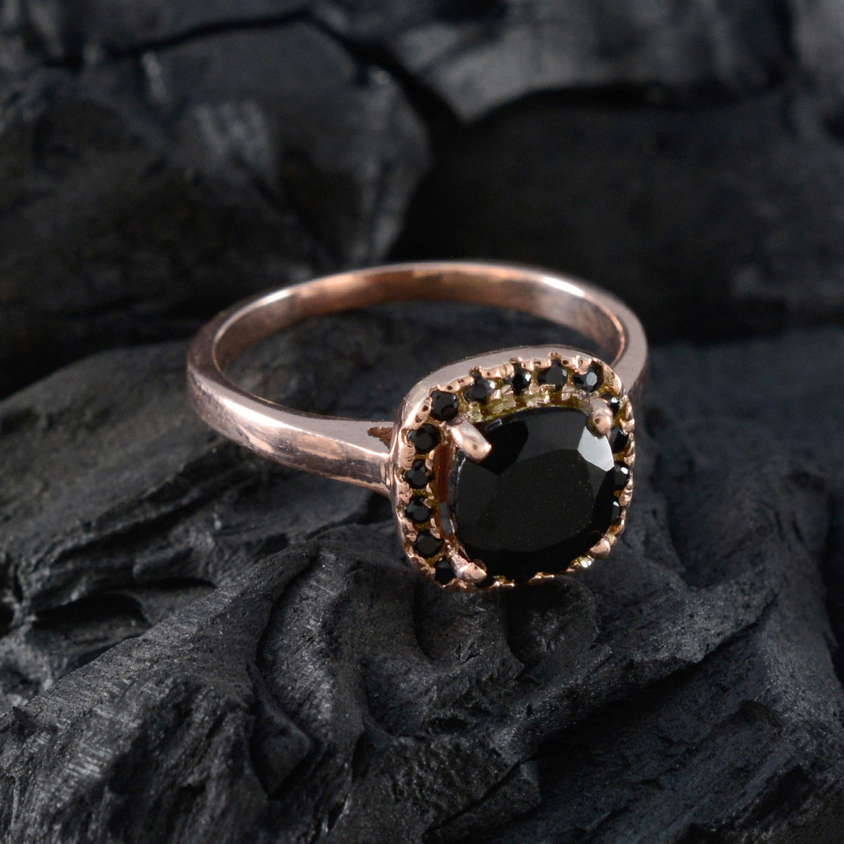 Riyo Superb Silver Ring With Rose Gold Plating Black Onyx Stone Cushion Shape Prong Setting Custom Jewelry Cocktail Ring