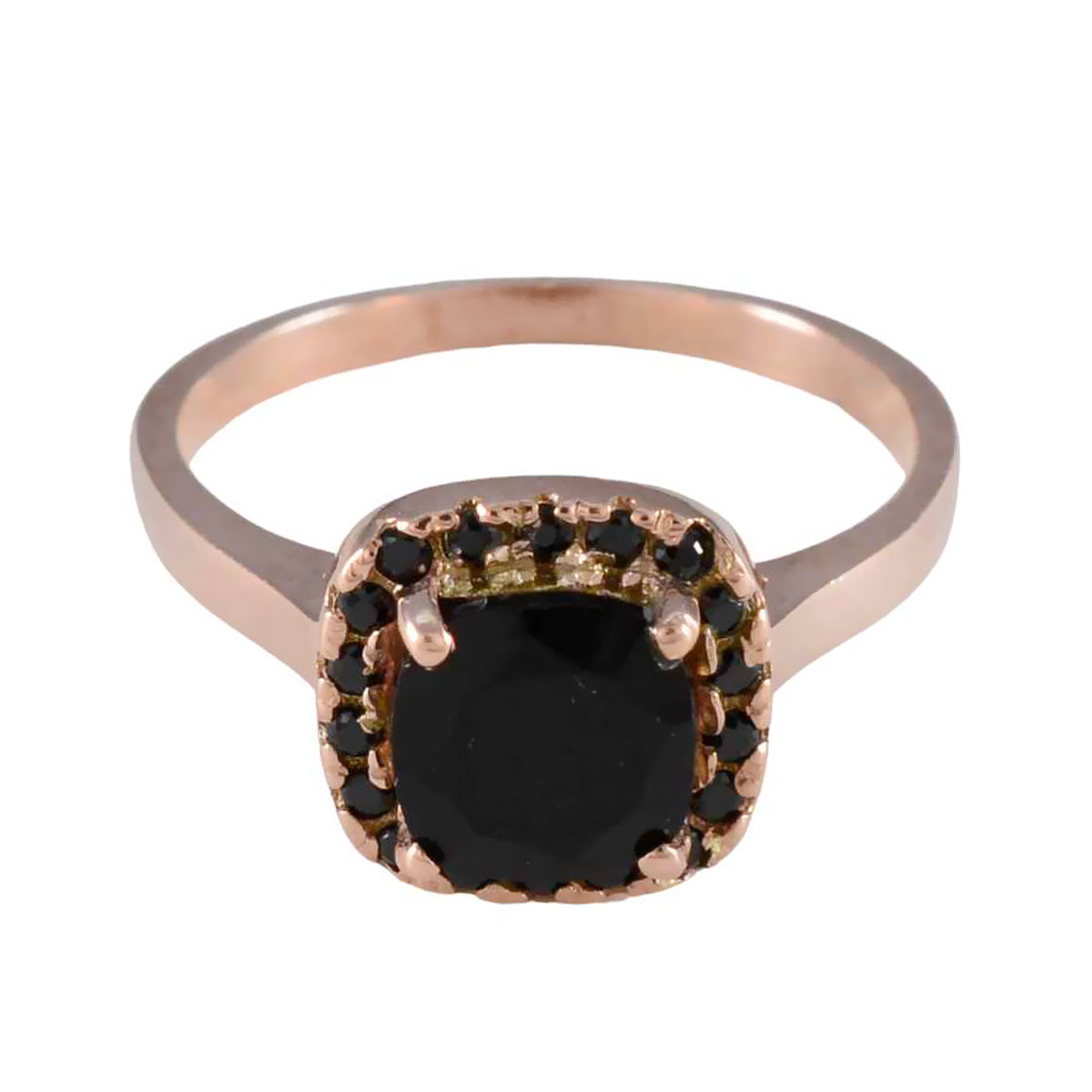 Riyo Superb Silver Ring With Rose Gold Plating Black Onyx Stone Cushion Shape Prong Setting Custom Jewelry Cocktail Ring