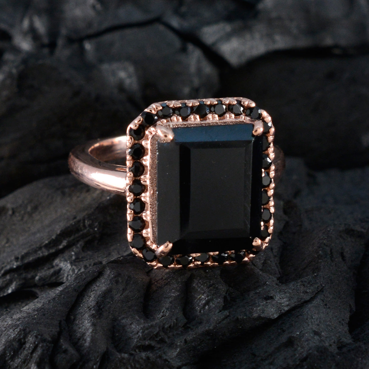 Riyo Suppiler Silver Ring With Rose Gold Plating Black Onyx Stone Octagon Shape Prong Setting Stylish Jewelry Easter Ring