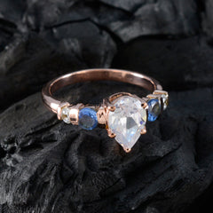 Riyo Supplies Silver Ring With Rose Gold Plating Blue Sapphire CZ Stone Pear Shape Prong Setting Fashion Jewelry Engagement Ring
