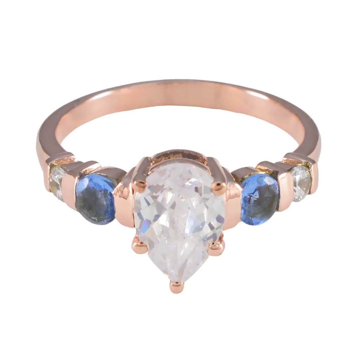 Riyo suministra anillo de plata con chapado en oro rosa, zafiro azul, piedra cz, ajuste de punta en forma de pera, joyería de moda, anillo de compromiso