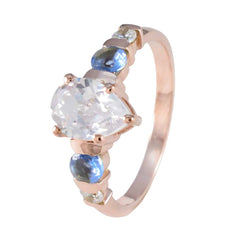 Riyo suministra anillo de plata con chapado en oro rosa, zafiro azul, piedra cz, ajuste de punta en forma de pera, joyería de moda, anillo de compromiso