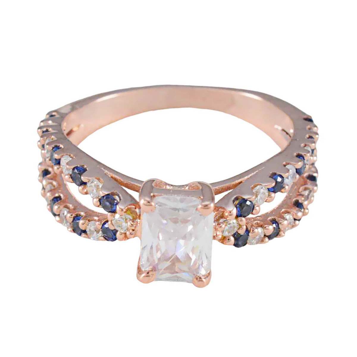 riyo total silver ring with rose gold plating blue sapphire cz stone octagon shape prong setting jewelry graduation ring