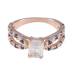 Anillo de plata total riyo con chapado en oro rosa, zafiro azul, piedra cz, forma octágono, ajuste de punta, joyería, anillo de graduación