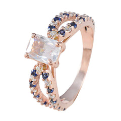 Anillo de plata total riyo con chapado en oro rosa, zafiro azul, piedra cz, forma octágono, ajuste de punta, joyería, anillo de graduación