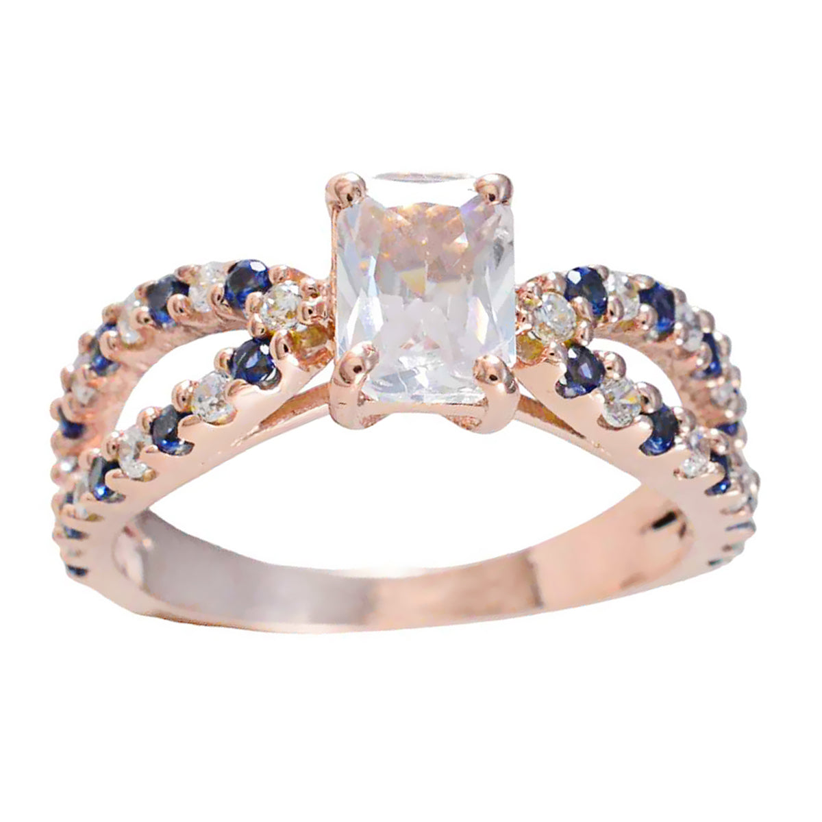 Riyo Total Silver Ring With Rose Gold Plating Blue Sapphire CZ Stone Octagon Shape Prong Setting  Jewelry Graduation Ring