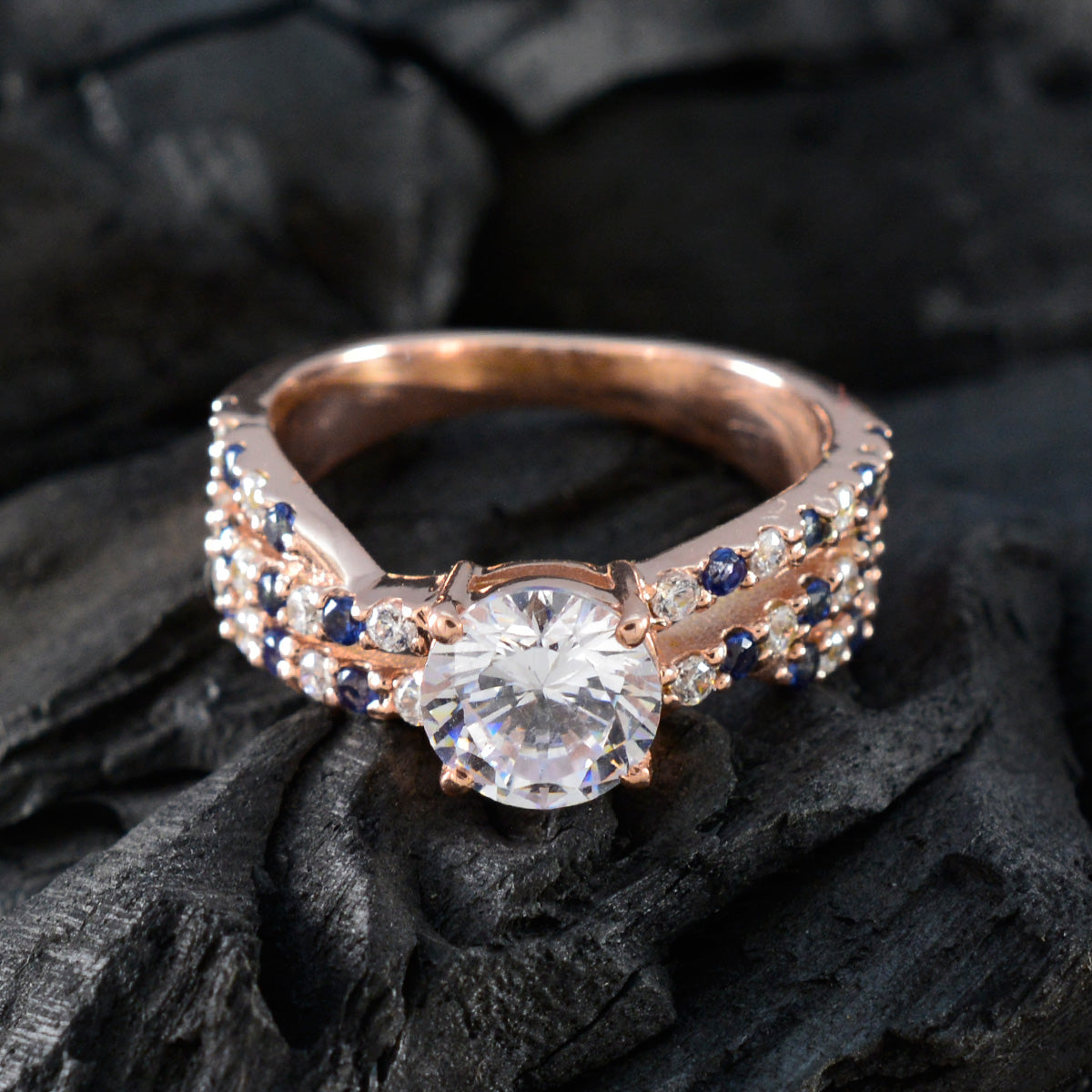 Riyo Vintage Silver Ring With Rose Gold Plating Blue Sapphire CZ Stone Oval Shape Prong Setting Antique Jewelry Halloween Ring