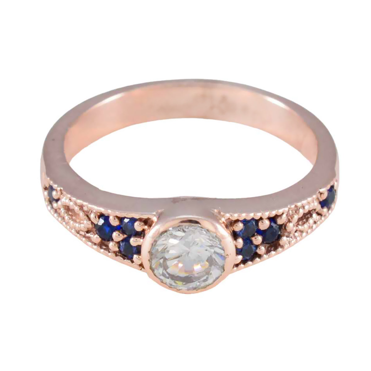 Riyo Adorable Silver Ring With Rose Gold Plating Blue Sapphire CZ Stone Round Shape Bezel Setting Handamde Jewelry New Year Ring