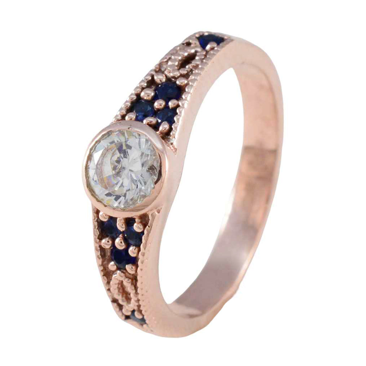 Bague délicate et abstraite en argent sterling américain avec saphir bleu et zircone cubique Image secondaire du produit