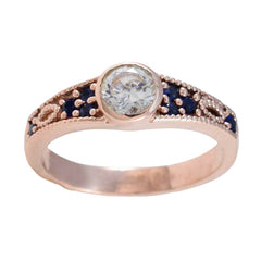 Riyo Adorable Silver Ring With Rose Gold Plating Blue Sapphire CZ Stone Round Shape Bezel Setting Handamde Jewelry New Year Ring