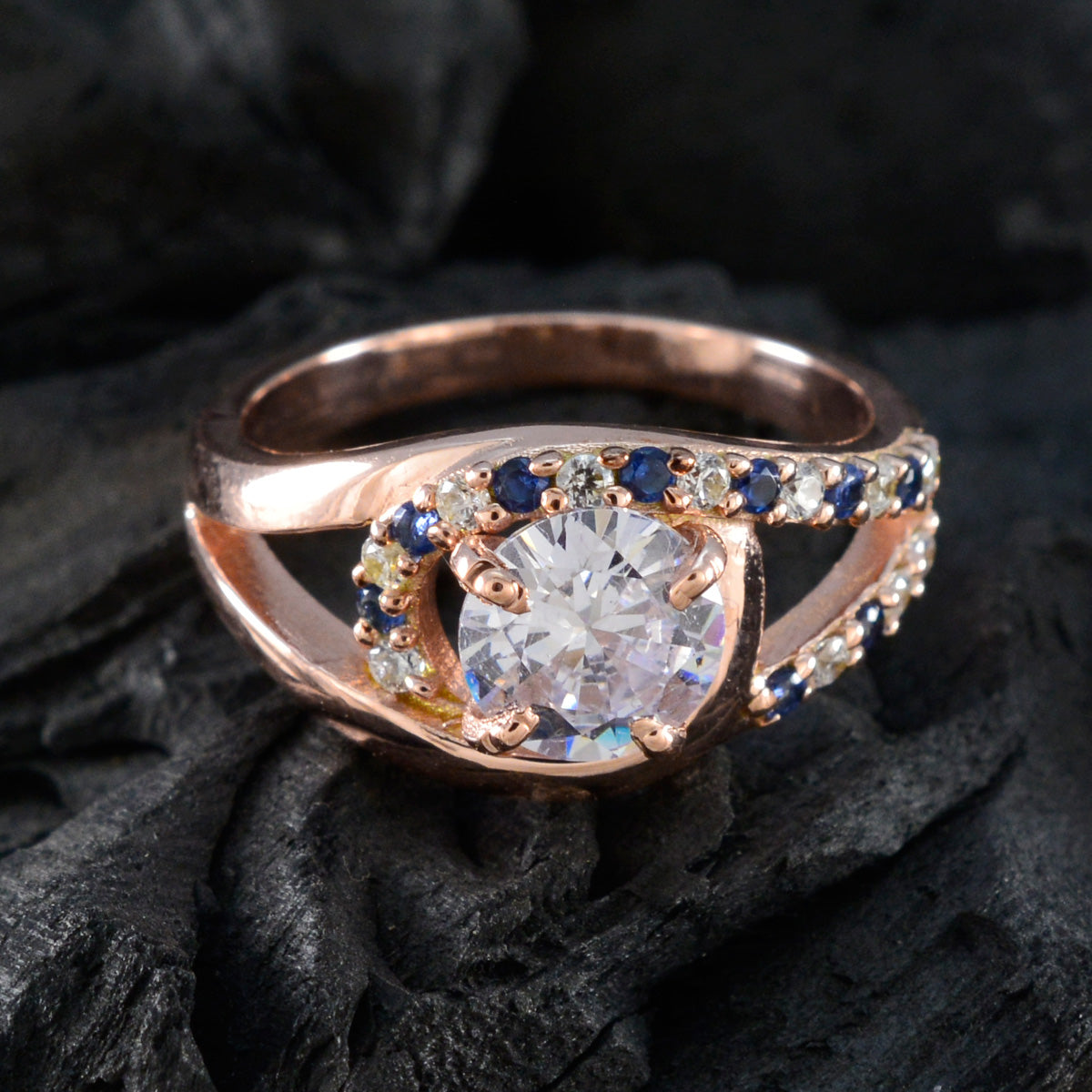 riyo antik silverring med roséguldplätering blå safir cz sten rund form stiftinställning anpassade smycken tacksägelse ring