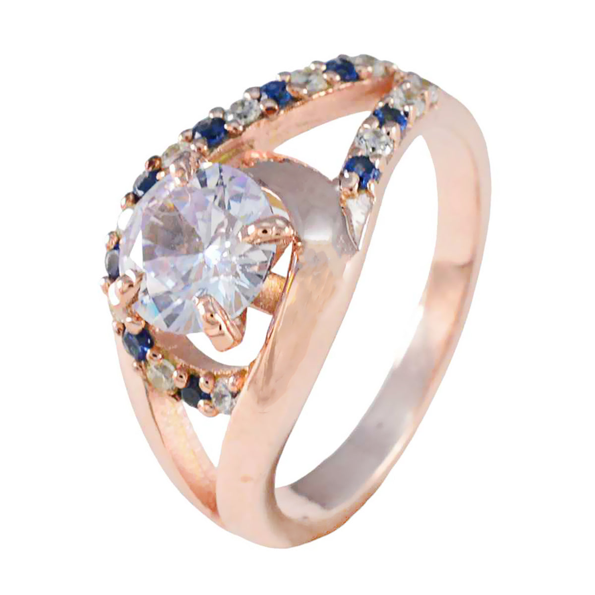 Riyo Antique Silver Ring With Rose Gold Plating Blue Sapphire CZ Stone Round Shape Prong Setting Custom Jewelry Thanksgiving Ring