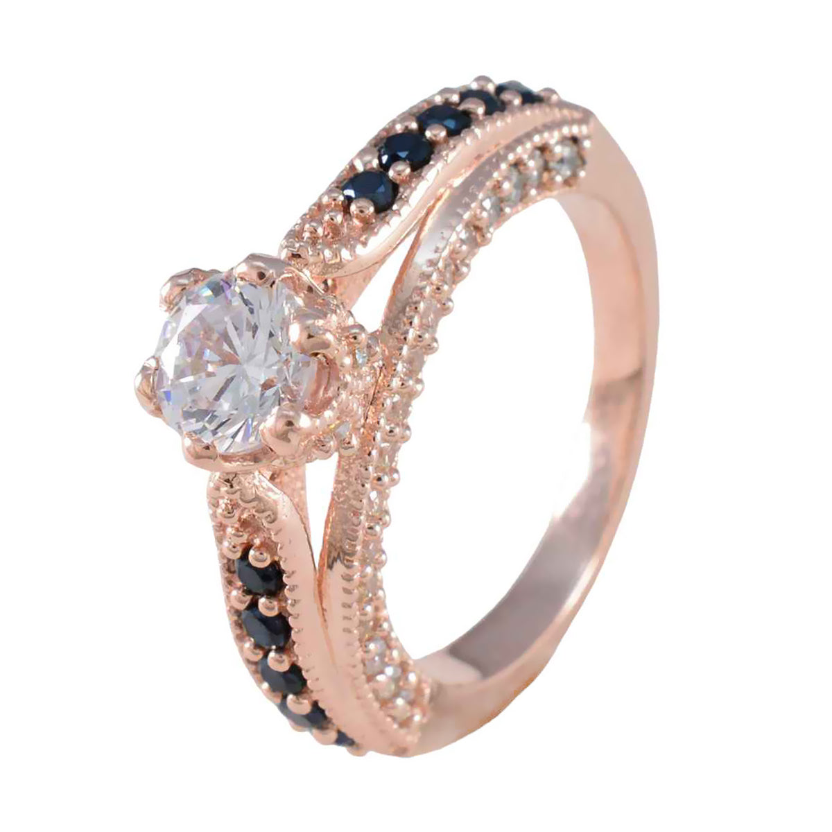 Riyo Wholesale Silver Ring With Rose Gold Plating Blue Sapphire CZ Stone Round Shape Prong Setting Bridal Jewelry Mothers Day Ring