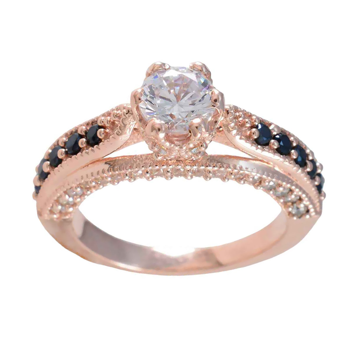 Riyo Wholesale Silver Ring With Rose Gold Plating Blue Sapphire CZ Stone Round Shape Prong Setting Bridal Jewelry Mothers Day Ring
