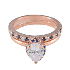 Riyo Attractive Silver Ring With Rose Gold Plating Blue Sapphire CZ Stone Pear Shape Prong Setting Stylish Jewelry Valentines Day Ring