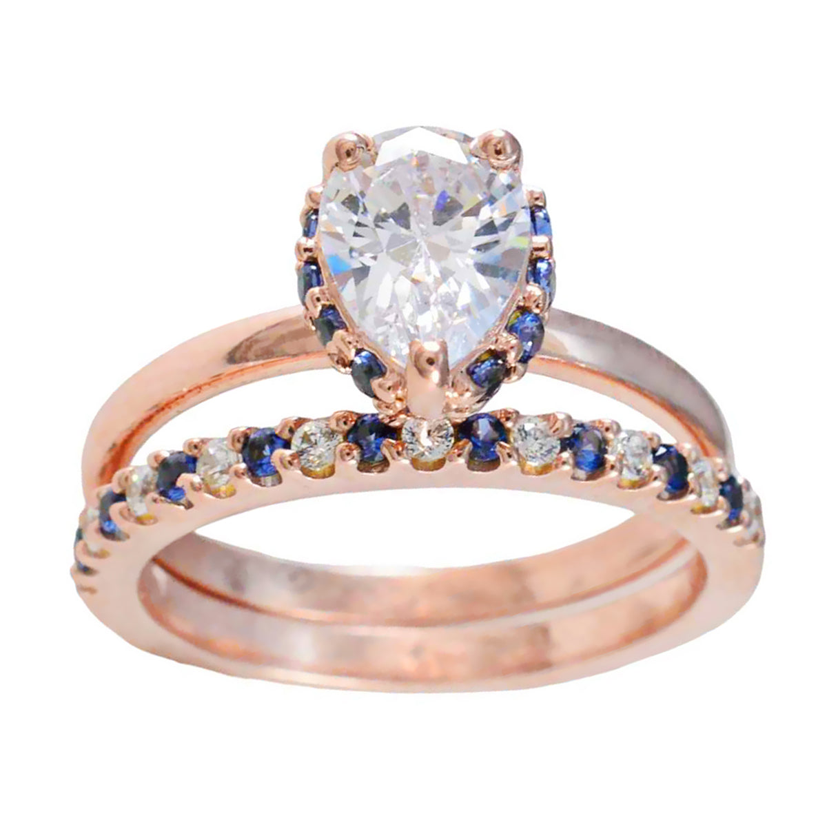 riyo attraktiv silverring med roséguldplätering blå safir cz sten päronformade uttag stilfulla smycken alla hjärtans dag ring