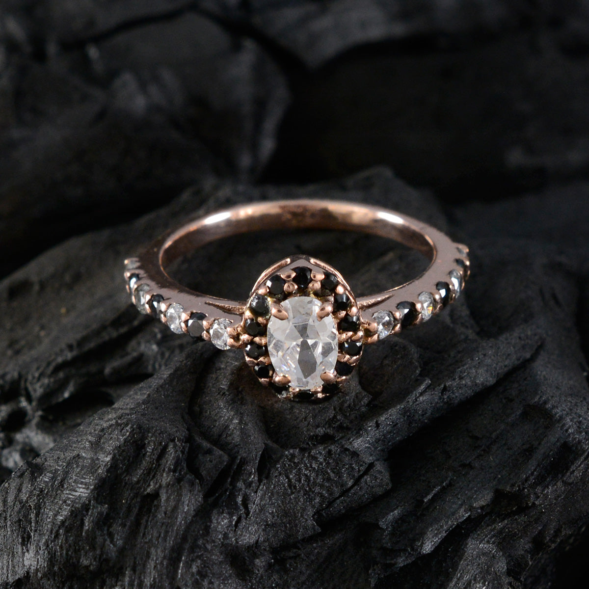 riyo bellissimo anello in argento con placcatura in oro rosa, fede nuziale con pietra di zaffiro blu, forma ovale, montatura a punta