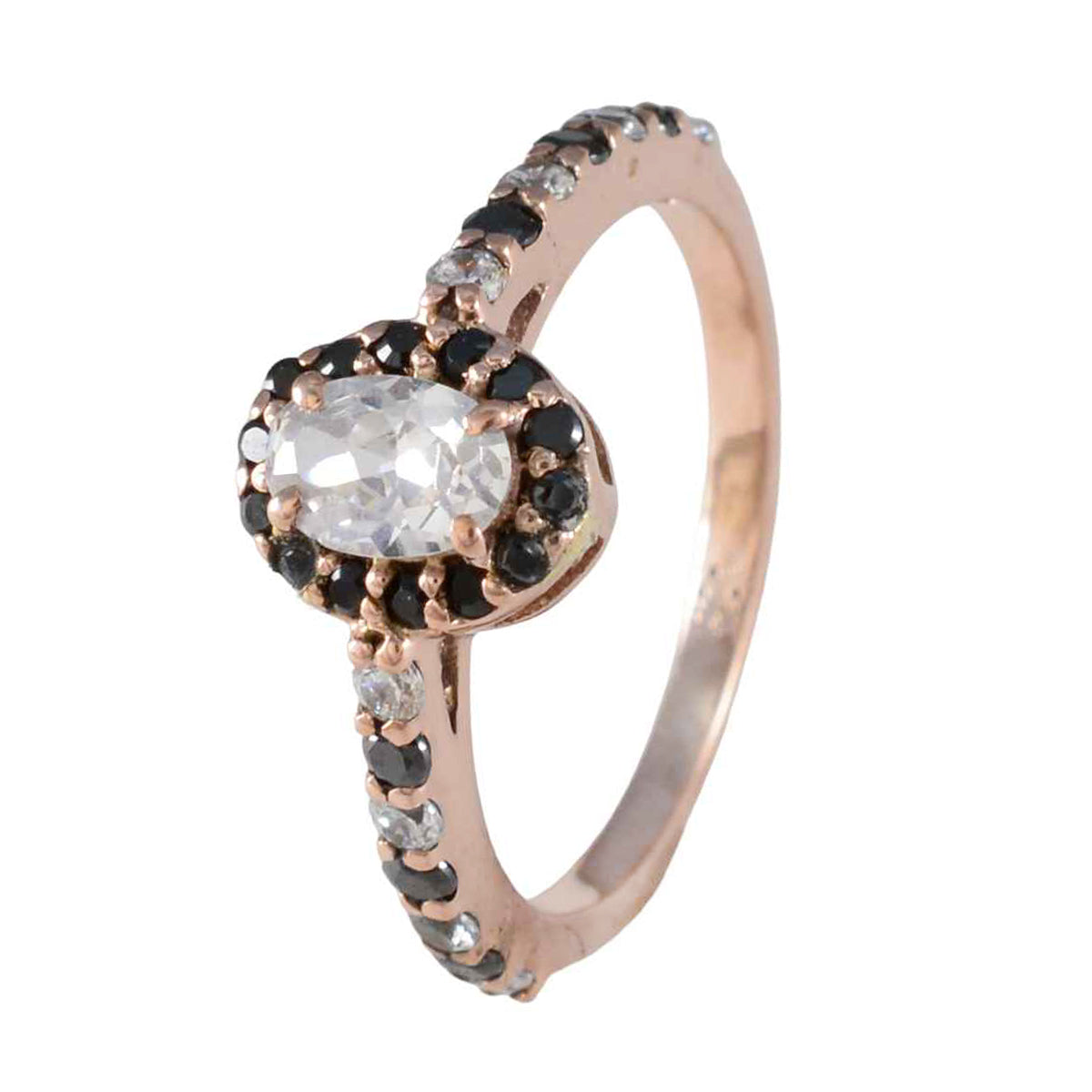 riyo bellissimo anello in argento con placcatura in oro rosa, fede nuziale con pietra di zaffiro blu, forma ovale, montatura a punta