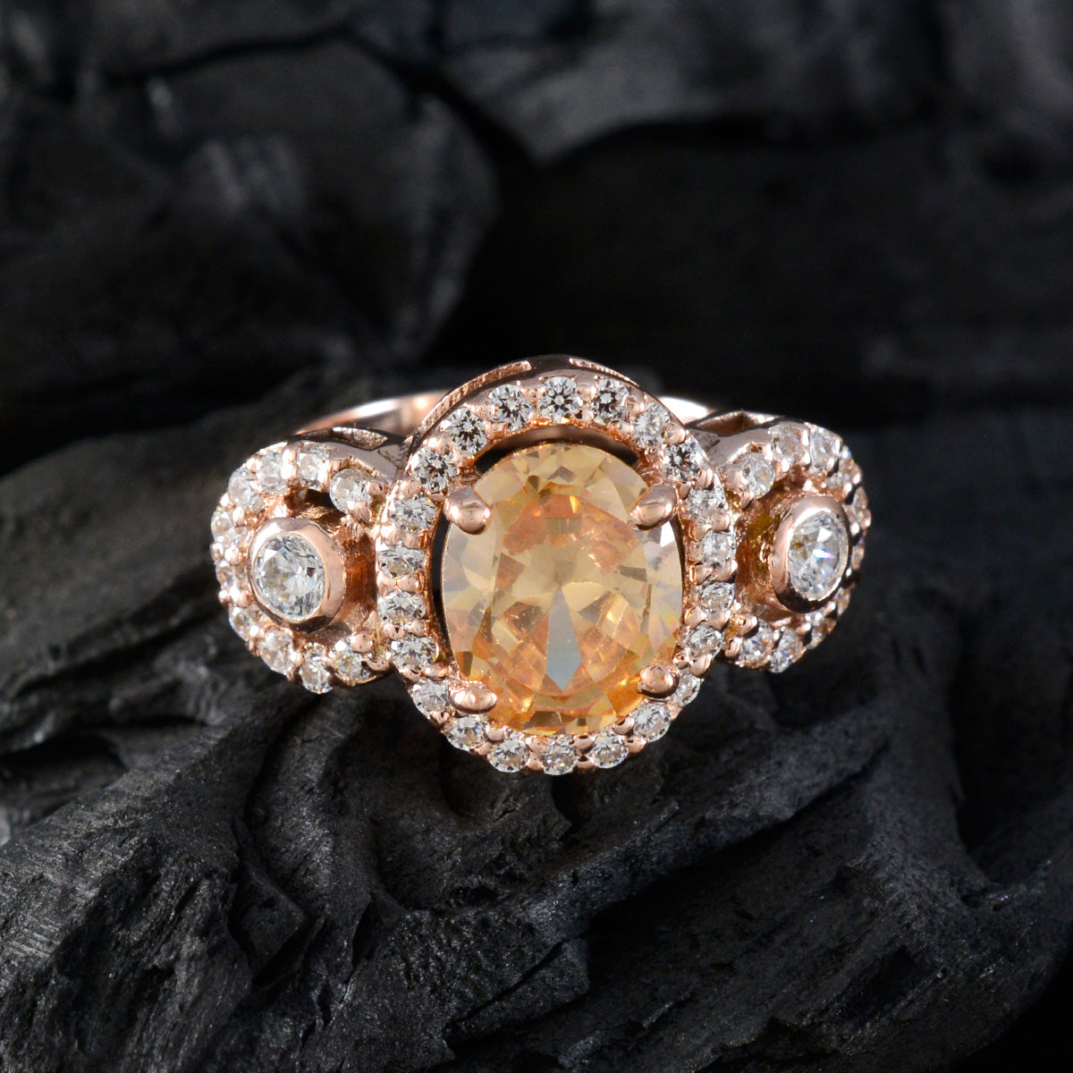 Morganite CZ Halo Korean 925 Sterling Silver Brown Gemstones Slim propsel Ring Jewelry