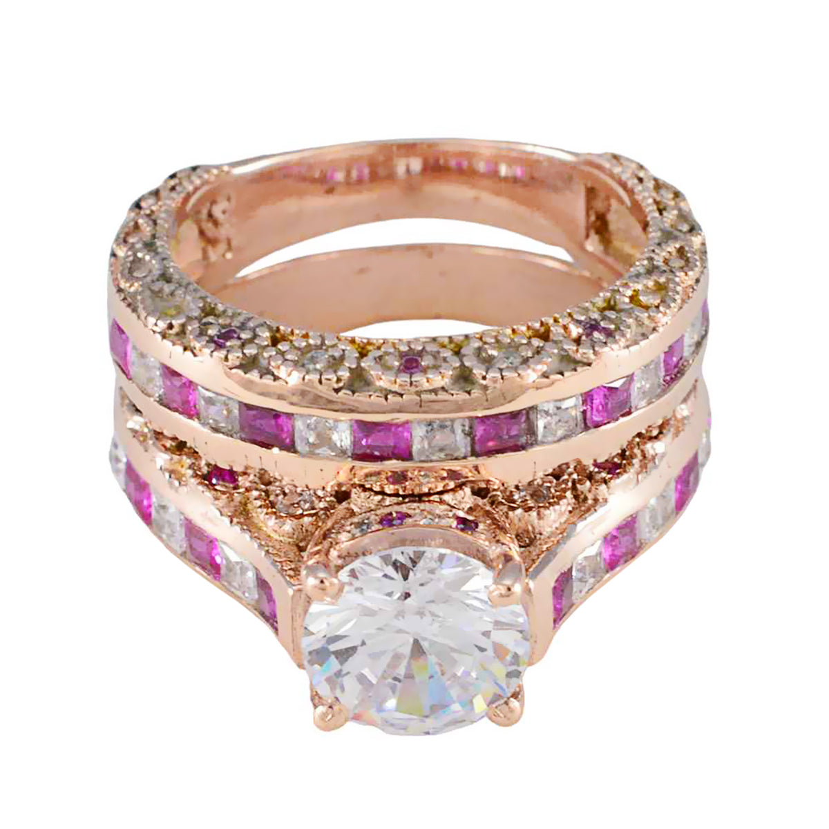 Riyo algehele zilveren ring met roségouden robijn CZ-steen ronde vorm Prong-instelling aangepaste sieraden verjaardagsring