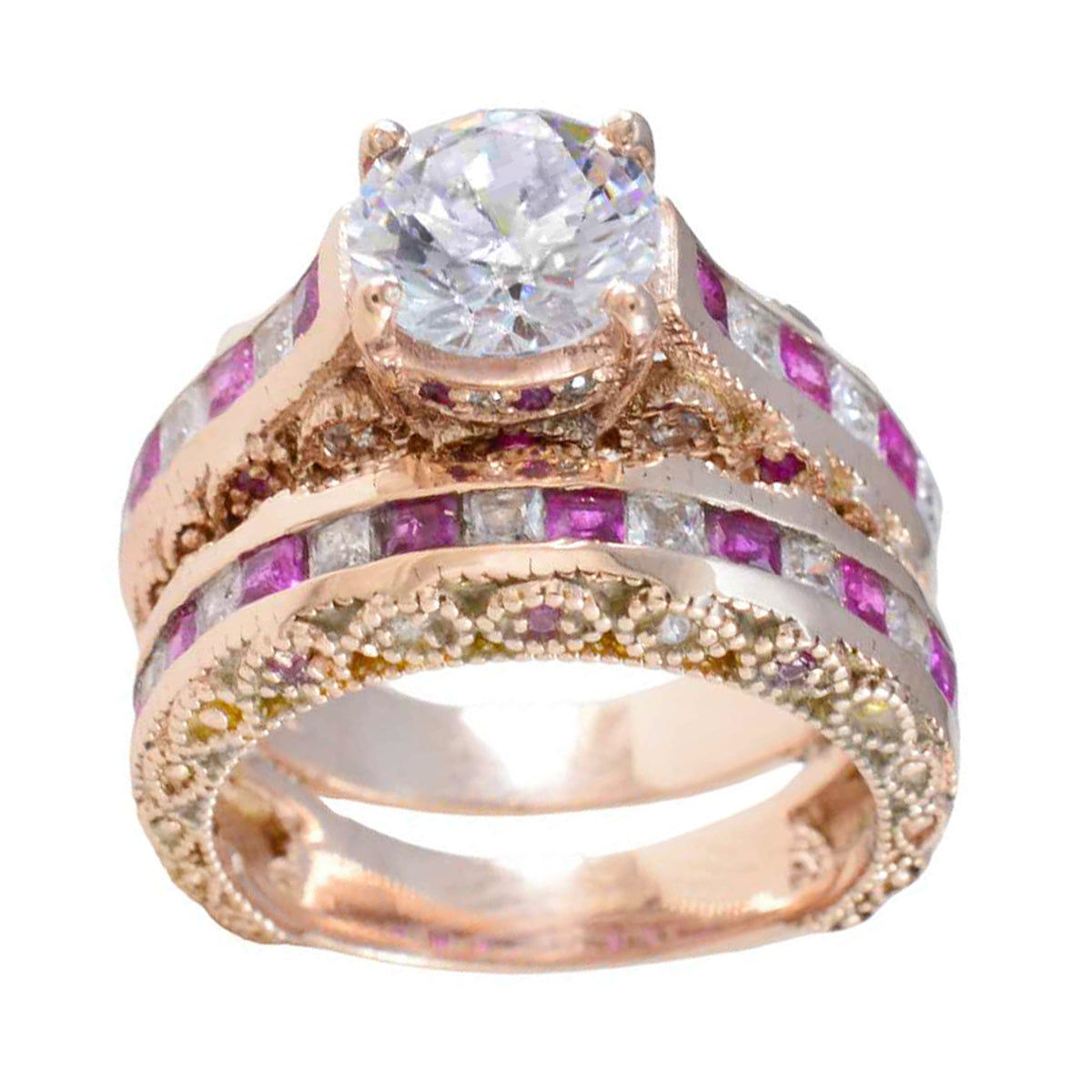 Anillo de plata general riyo con chapado en oro rosa, piedra de rubí cz, ajuste de punta redonda, joyería personalizada, anillo de cumpleaños