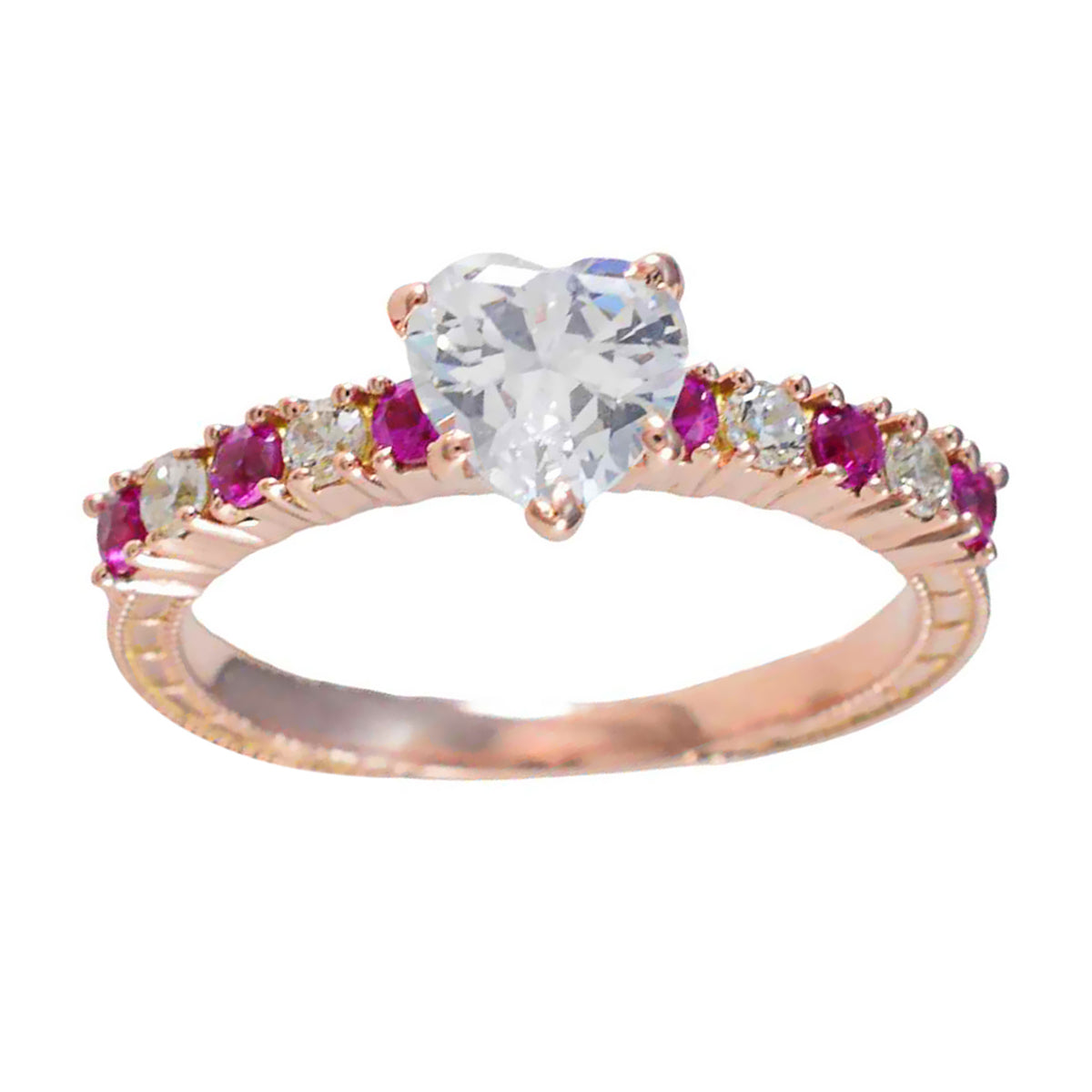 Riyo fabrikant zilveren ring met roségouden robijn CZ steen hartvorm griffenzetting bruidssieraden trouwring