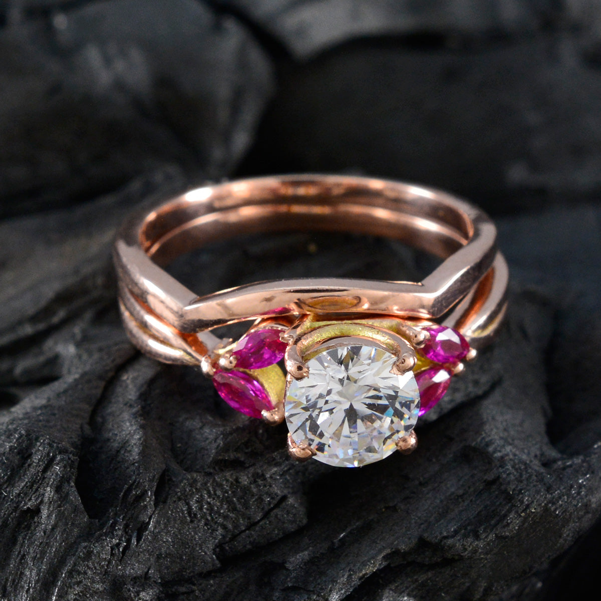 anello riyo prime in argento con placcatura in oro rosa, rubino, pietra cz, forma rotonda, montatura a punta, gioielli di moda, anello natalizio