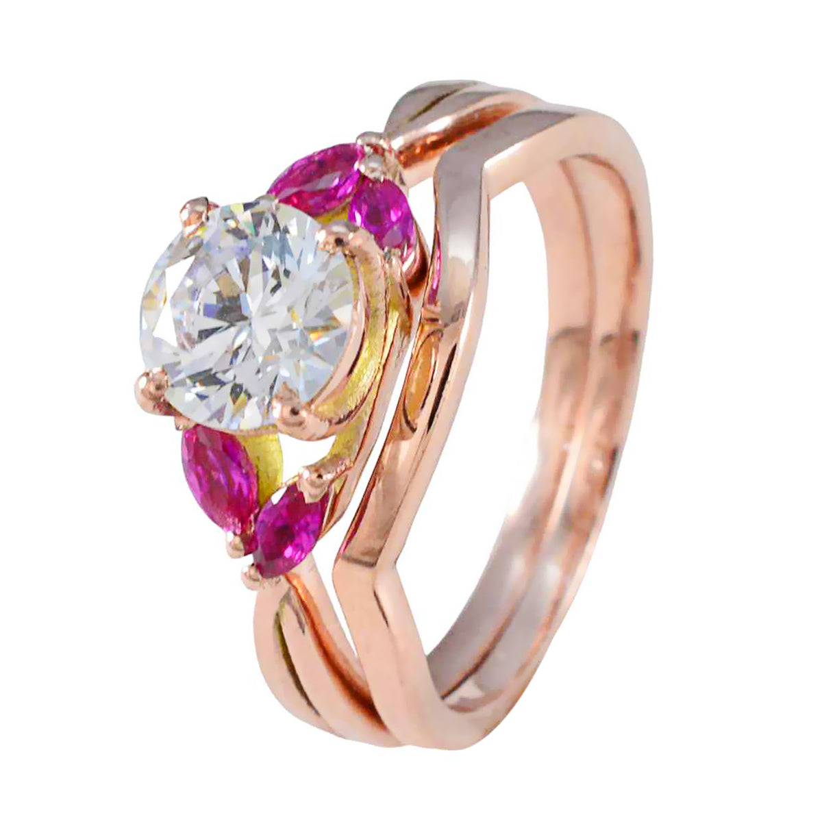 Riyo Prime zilveren ring met roségouden robijn CZ-steen ronde vorm Prong Setting mode-sieraden Kerstring