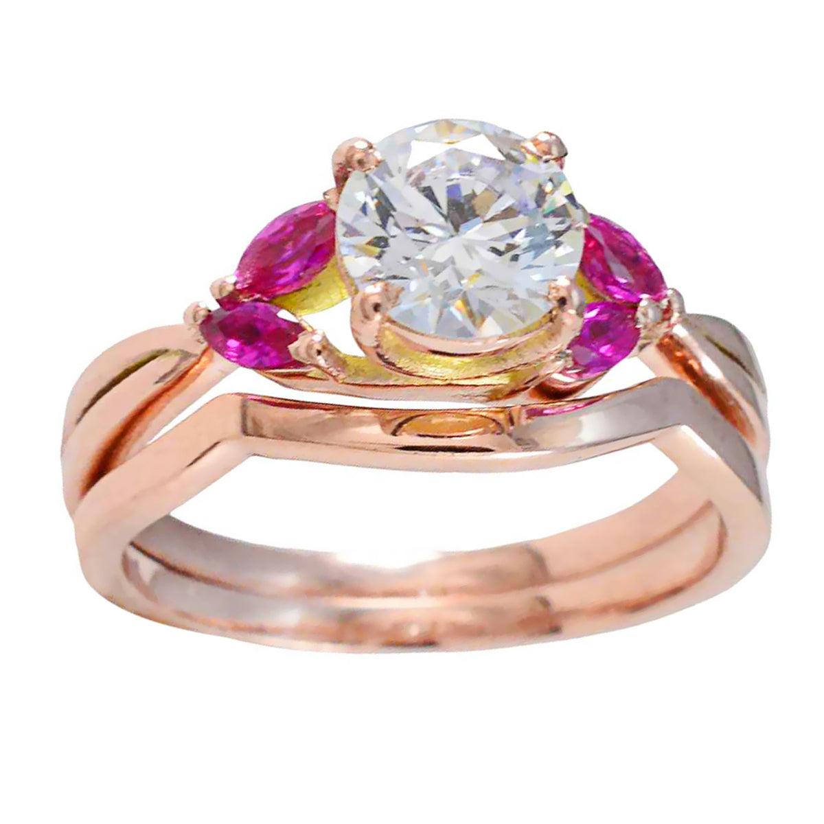 Riyo Prime Silver Ring With Rose Gold Plating Ruby CZ Stone Round Shape Prong Setting Fashion Jewelry Christmas Ring